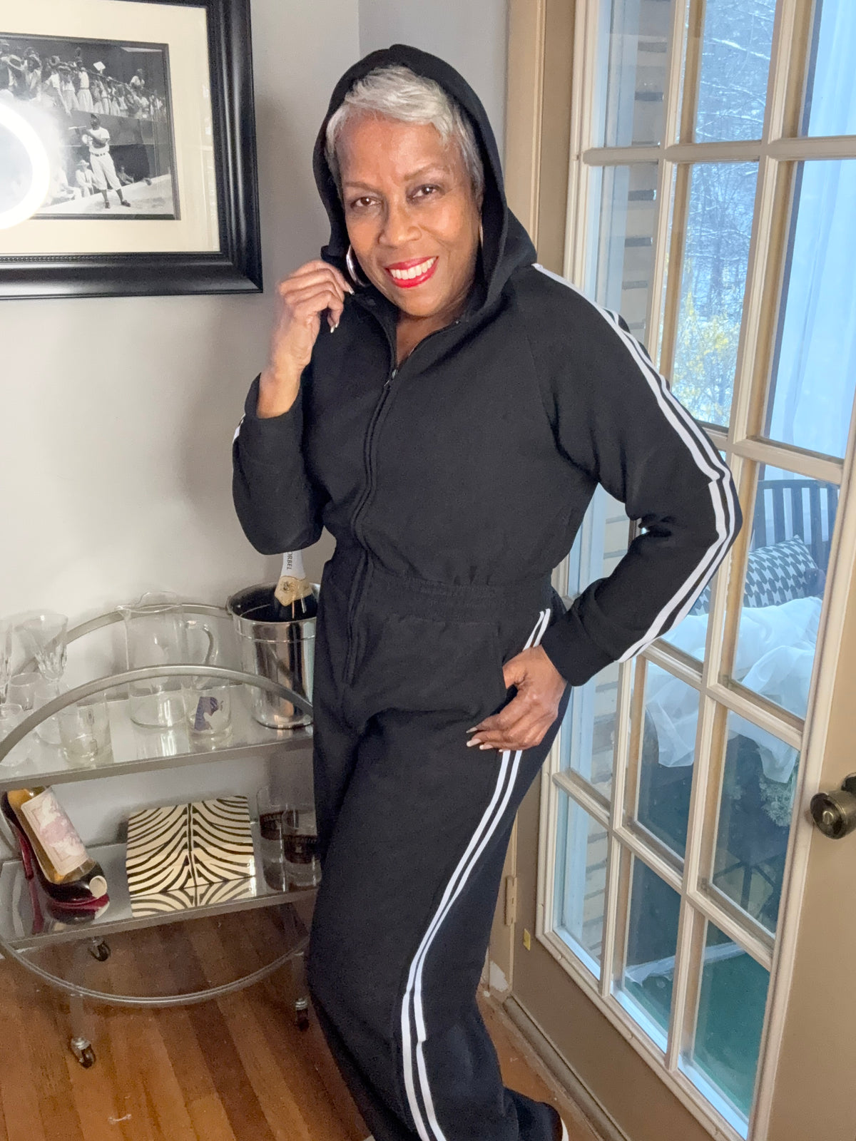 black hooded jumpsuit long sleeve  zip front size small
