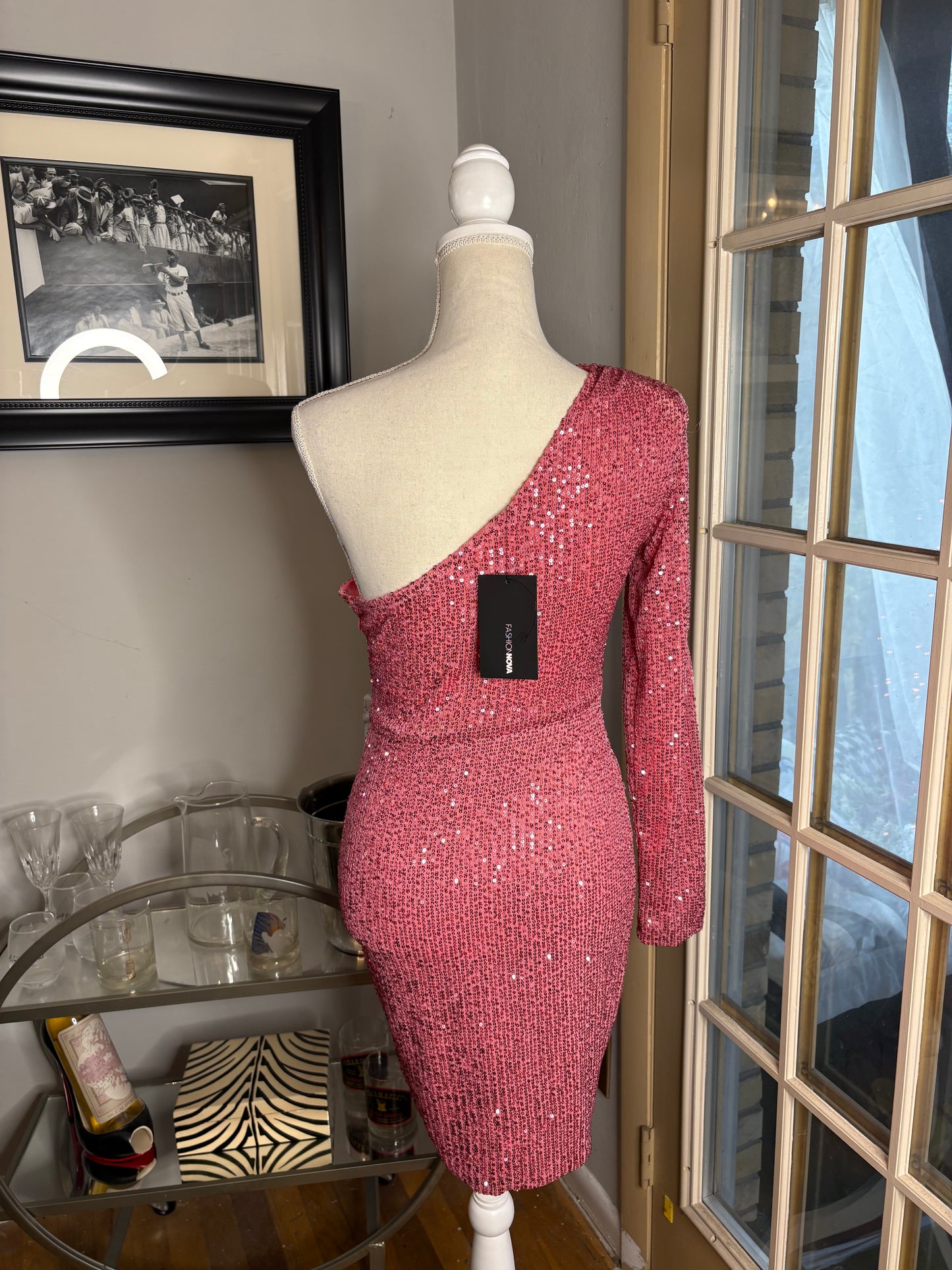 pink sequin one shoulder dress by Fashion Nova medium with brand tag