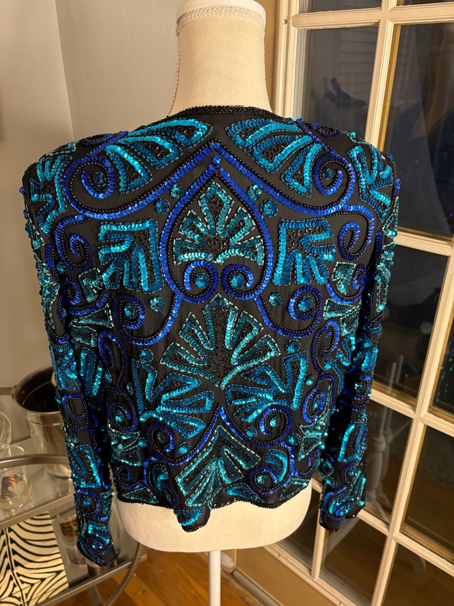 vintage Laurence Kazar blue and black sequin jacket size large NWT