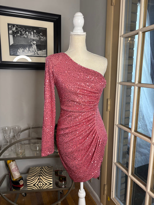 pink sequin one shoulder dress by Fashion Nova medium with brand tag