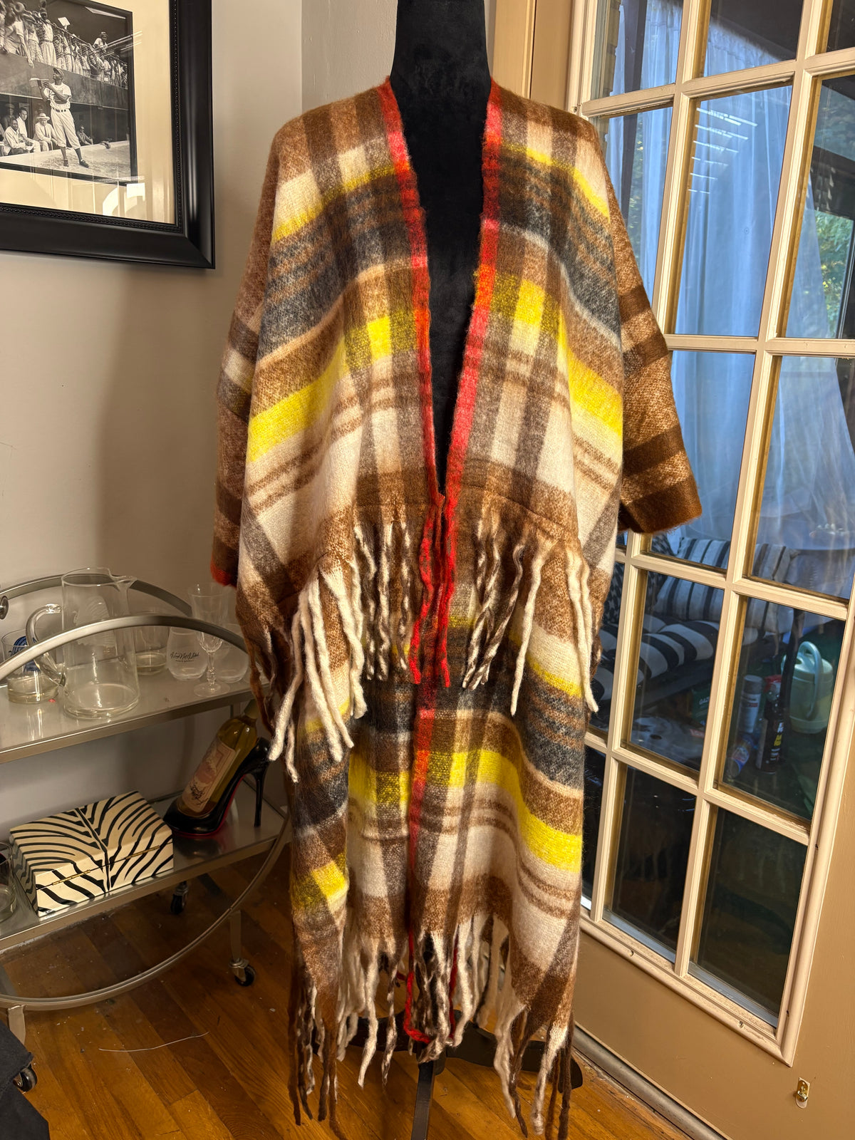 brown plaid kimono w fringe OSFM