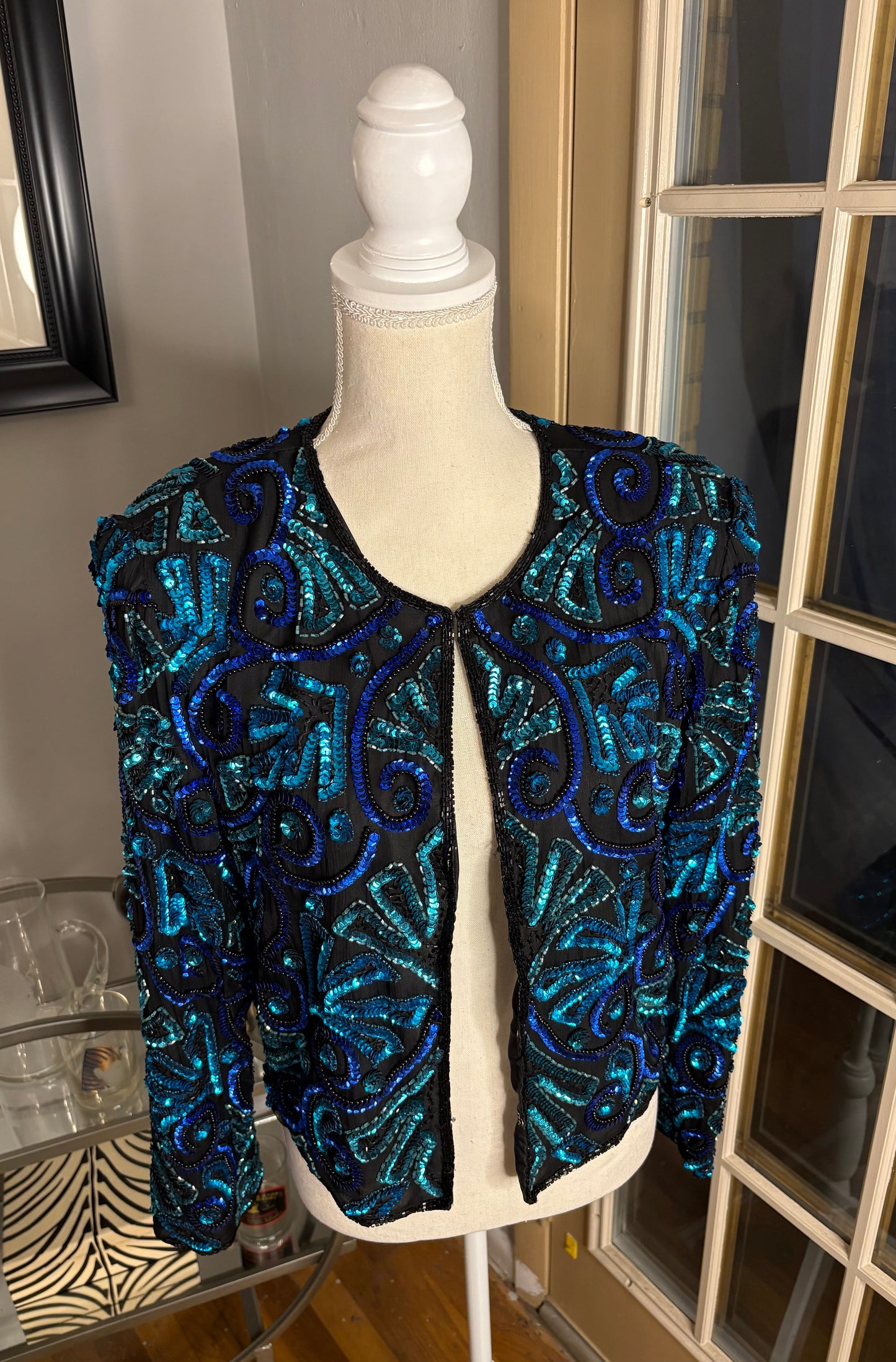 vintage Laurence Kazar blue and black sequin jacket size large NWT